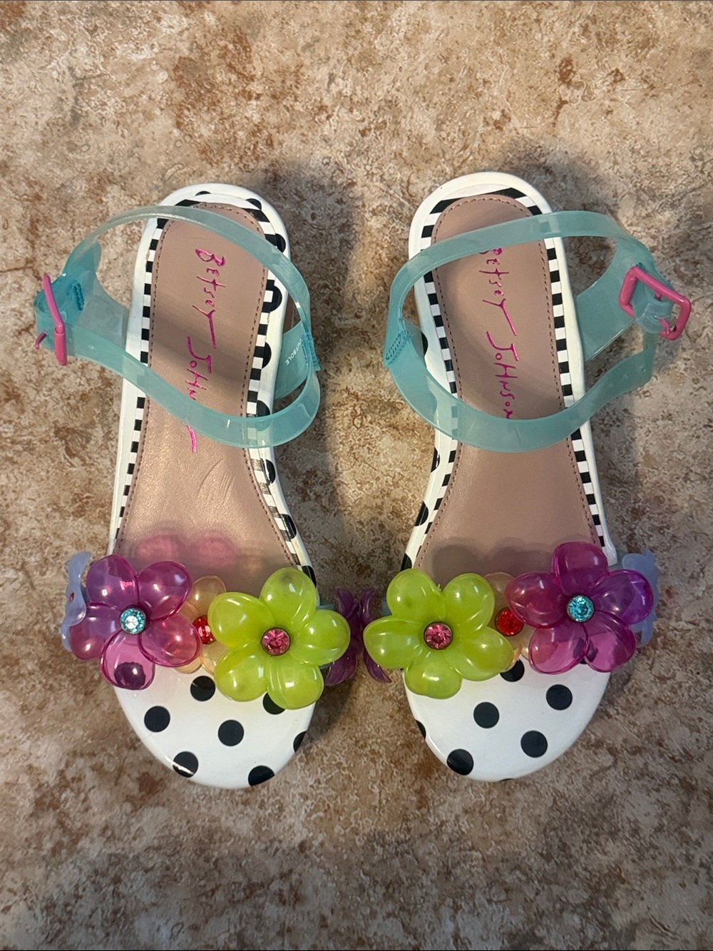 Betsey Johnson Mint Strap Polka Dot Sandals with Pink & Lime Flower Accents